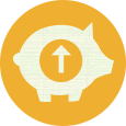 off-white piggy bank icon that has an arrow point up over its belly, all enclosed within a yellow cirlce